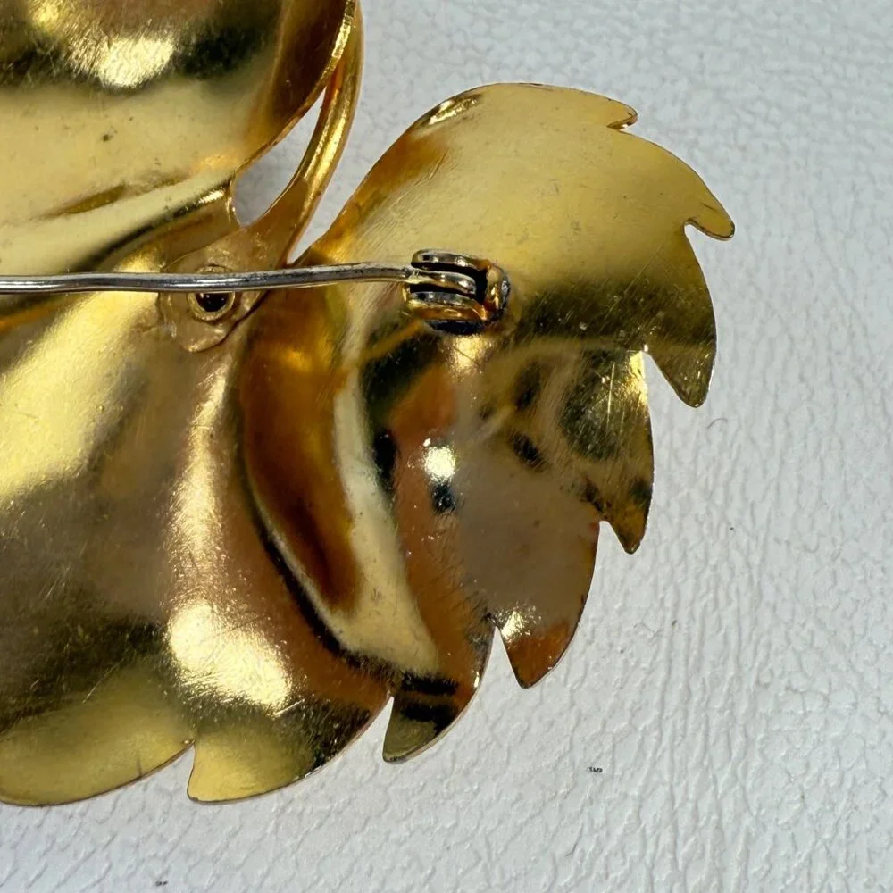 Vintage Leaf Brooch Gold-Tone Faux‎ Pearl Statement Retro